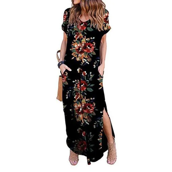 DEENOR Dynamic Short Sleeve Multi Choice Print Pocket Slit Maxi Dress