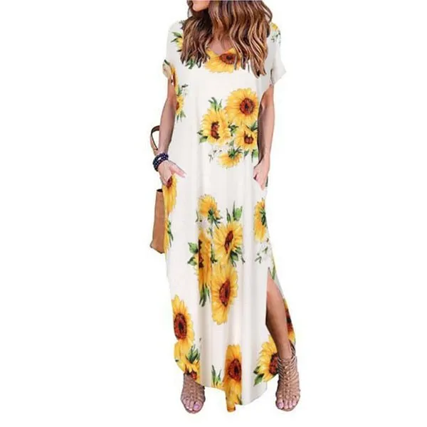 DEENOR Dynamic Short Sleeve Multi Choice Print Pocket Slit Maxi Dress