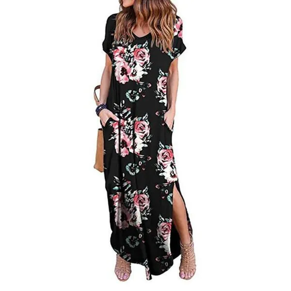 DEENOR Dynamic Short Sleeve Multi Choice Print Pocket Slit Maxi Dress