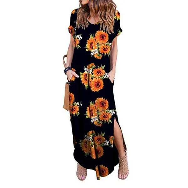 DEENOR Dynamic Short Sleeve Multi Choice Print Pocket Slit Maxi Dress