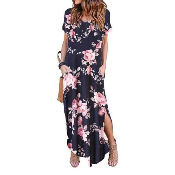 DEENOR Dynamic Short Sleeve Multi Choice Print Pocket Slit Maxi Dress