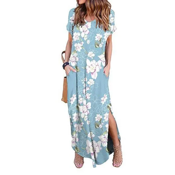 DEENOR Dynamic Short Sleeve Multi Choice Print Pocket Slit Maxi Dress