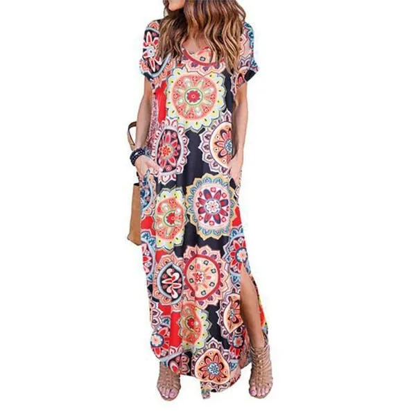 DEENOR Dynamic Short Sleeve Multi Choice Print Pocket Slit Maxi Dress