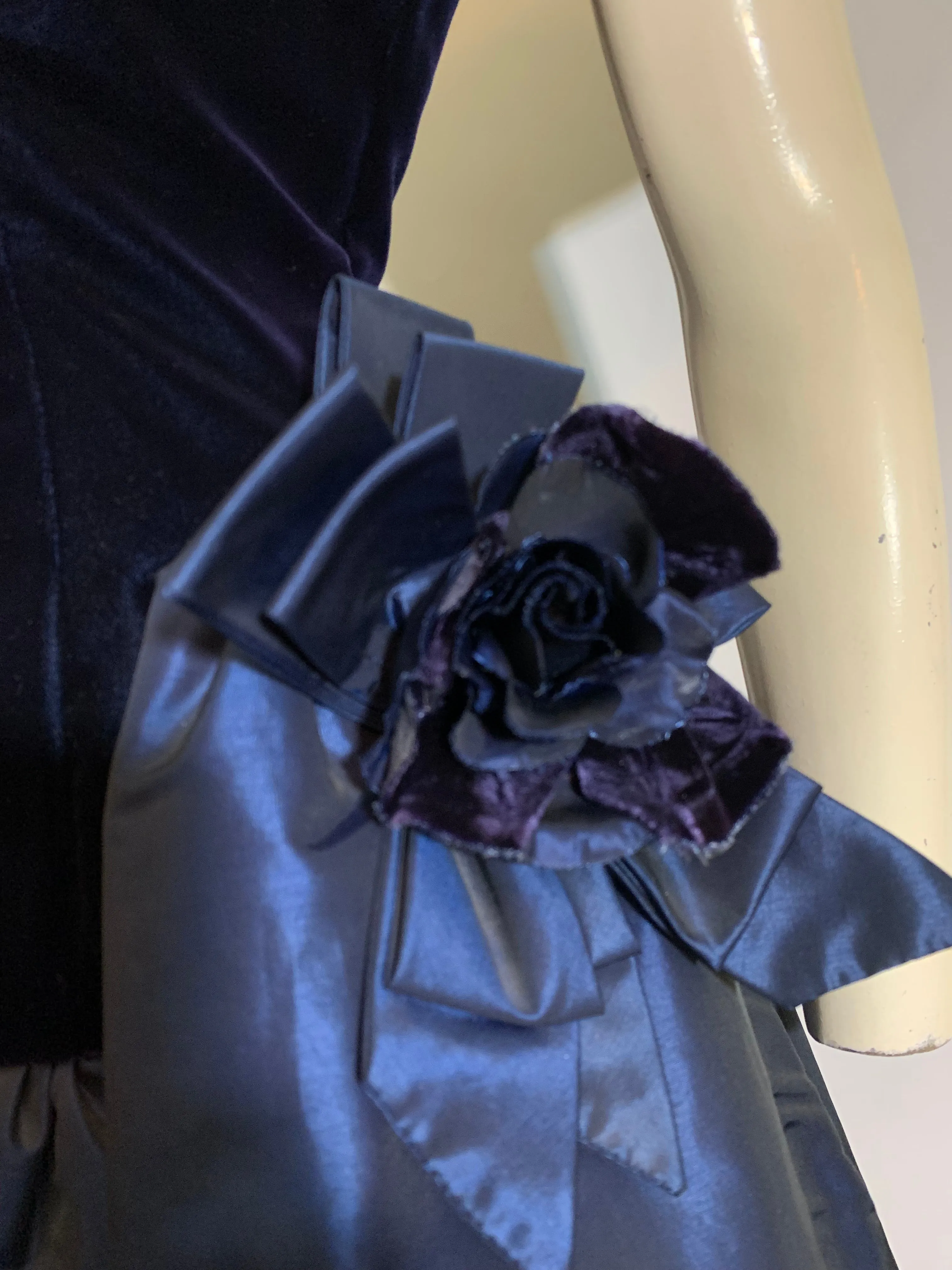 Deep Blue Changeable Taffeta and Velvet Puff Sleeve Dress circa 1980s