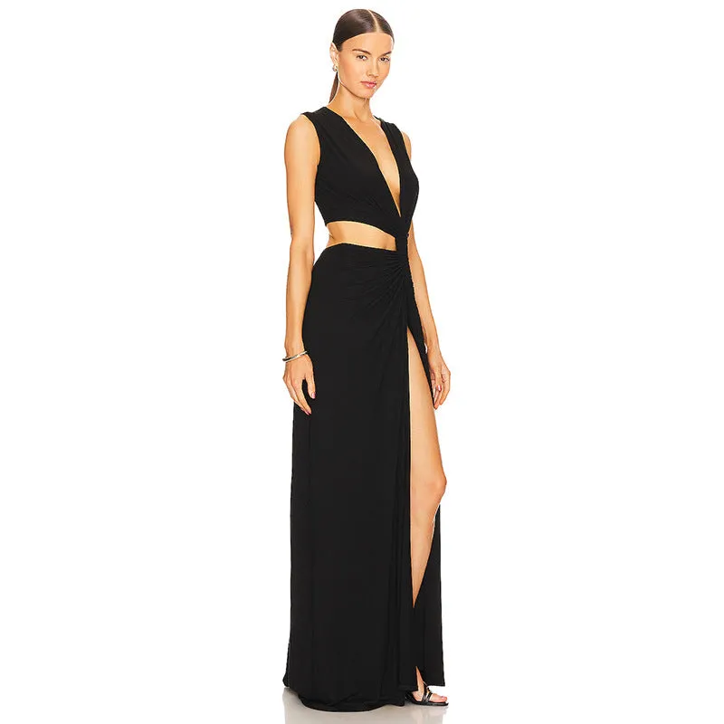 Deep V Hollow Slit Slim Long Dress