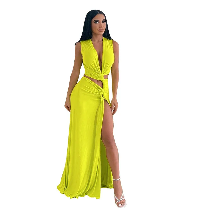 Deep V Hollow Slit Slim Long Dress