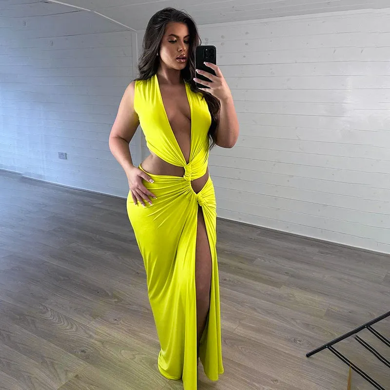 Deep V Hollow Slit Slim Long Dress