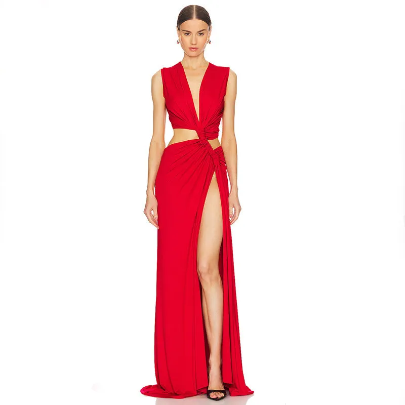 Deep V Hollow Slit Slim Long Dress