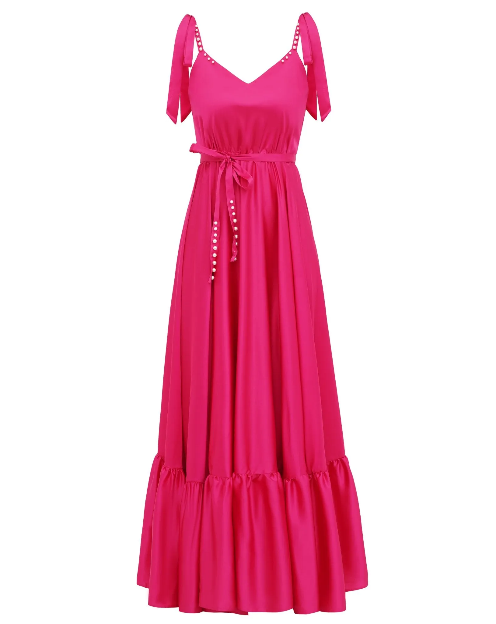 Dramatic Long Satin Dress with Ruffle Hem