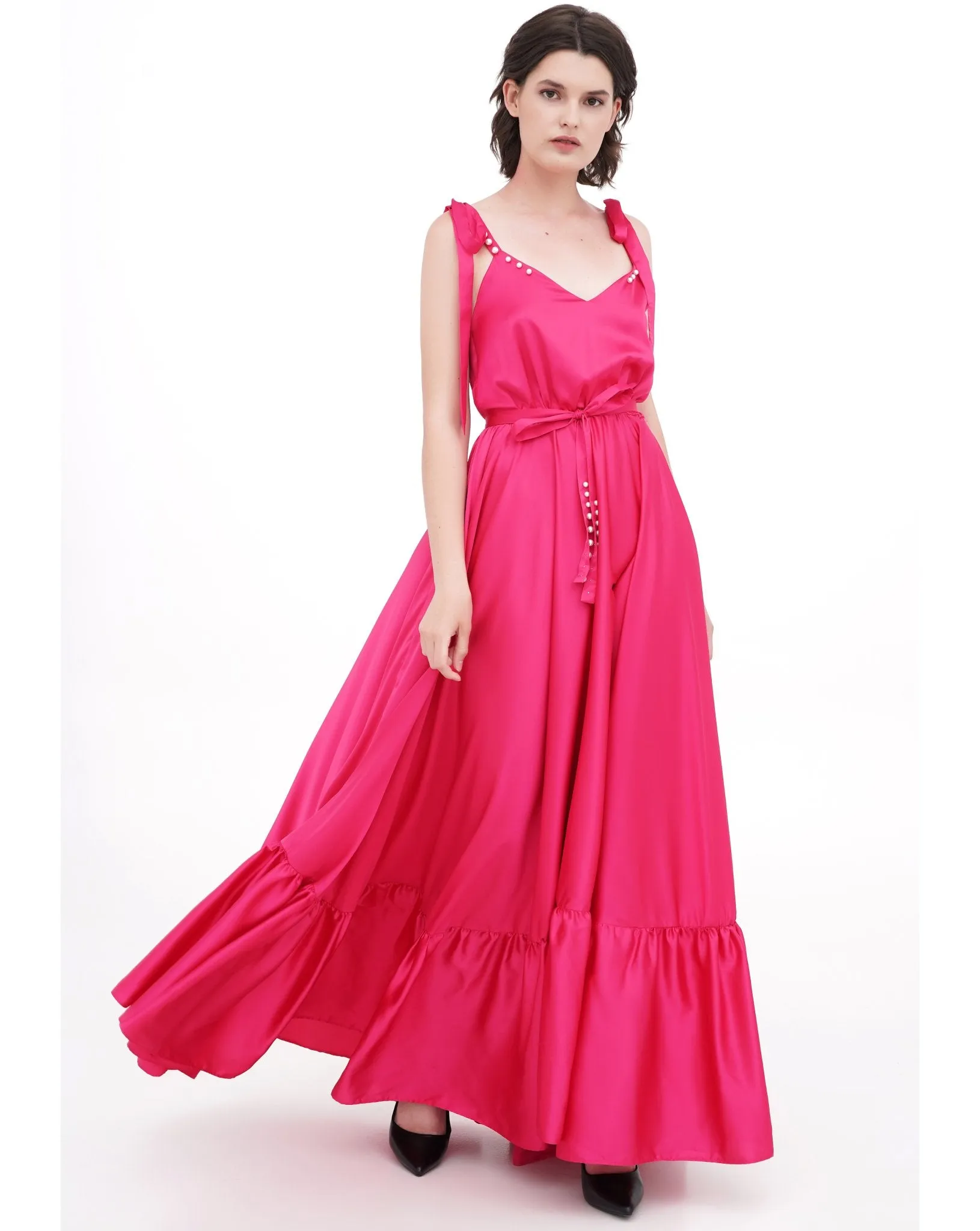 Dramatic Long Satin Dress with Ruffle Hem