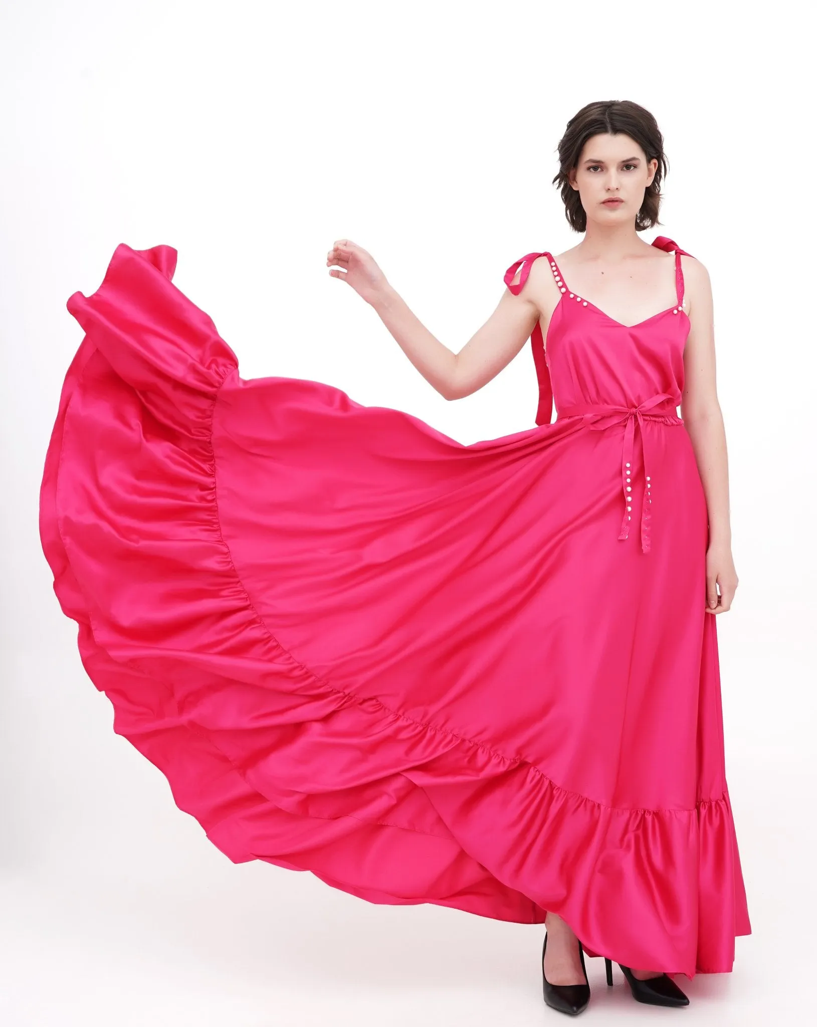 Dramatic Long Satin Dress with Ruffle Hem