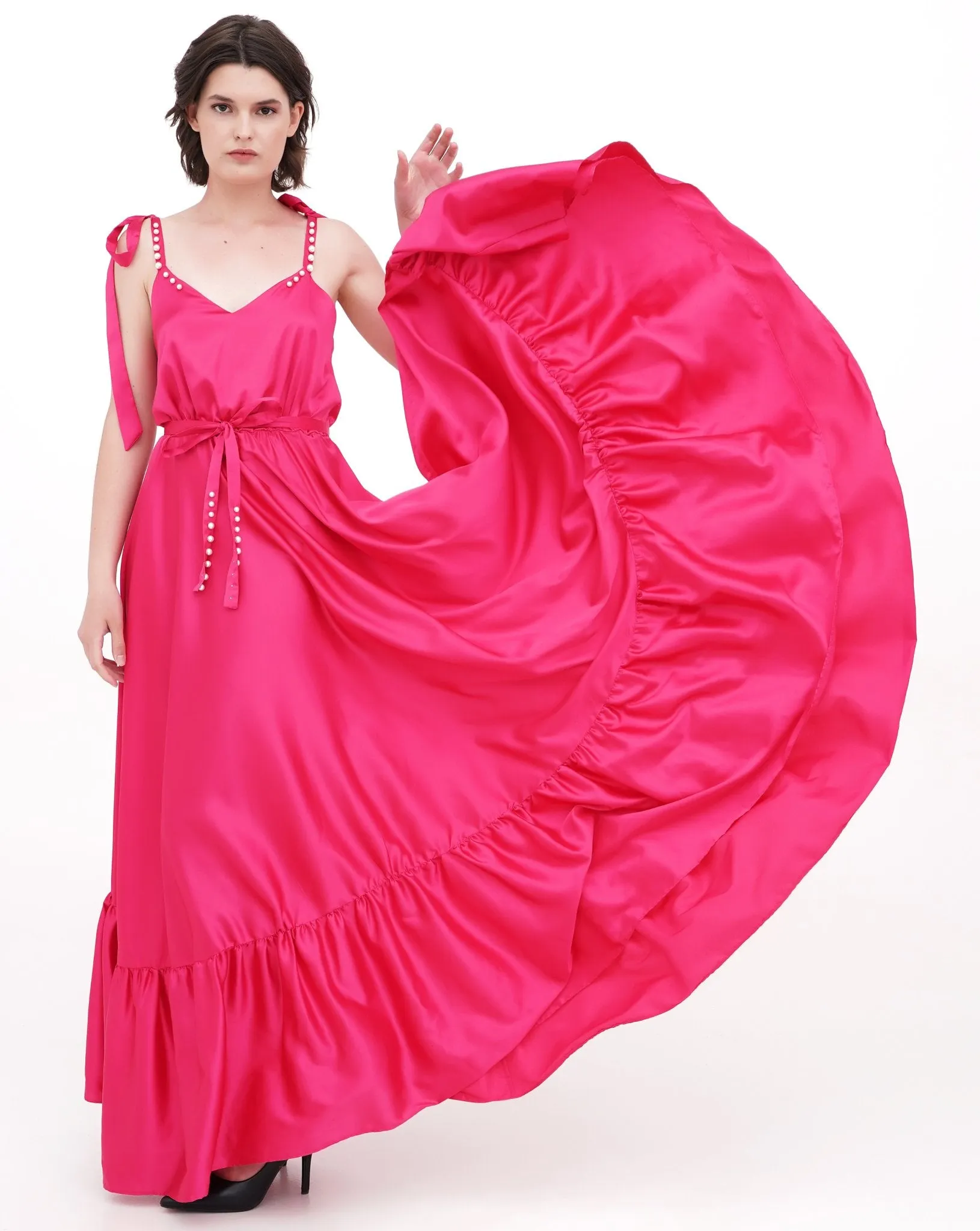 Dramatic Long Satin Dress with Ruffle Hem