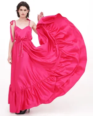 Dramatic Long Satin Dress with Ruffle Hem