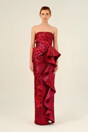 Draped Bodice Ruffled Printed Jacquard Long Gown