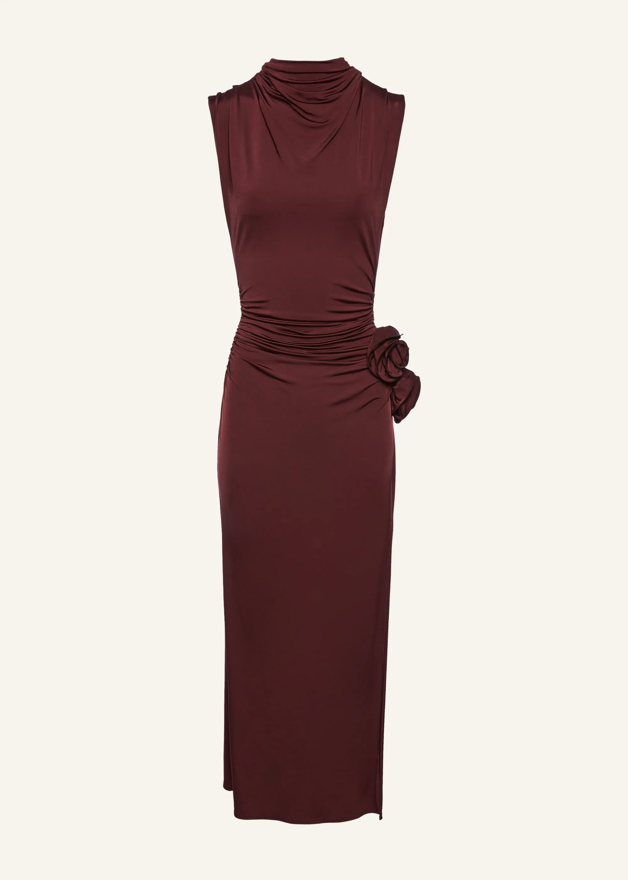 Draped high neck midi dress in burgundy