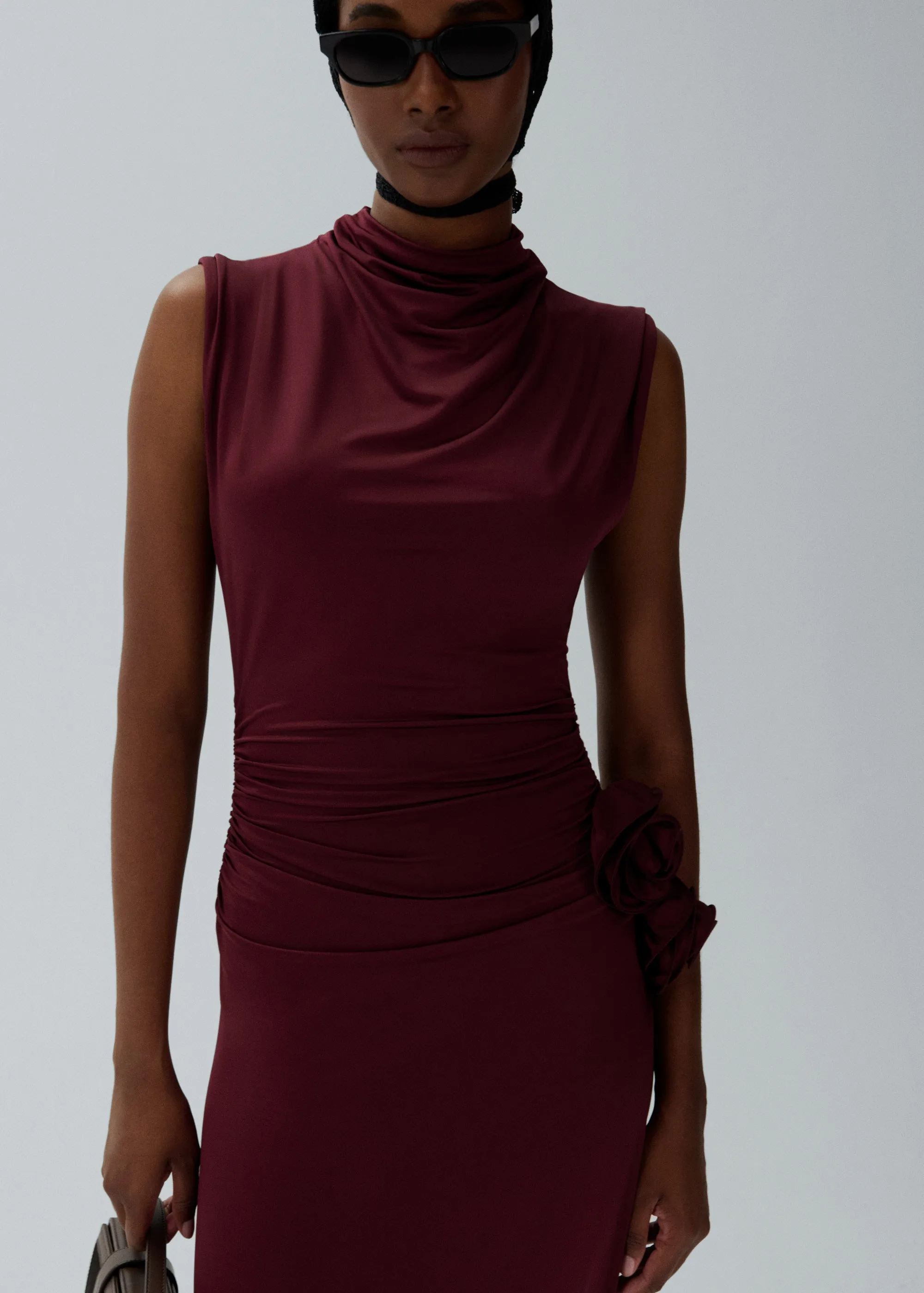 Draped high neck midi dress in burgundy