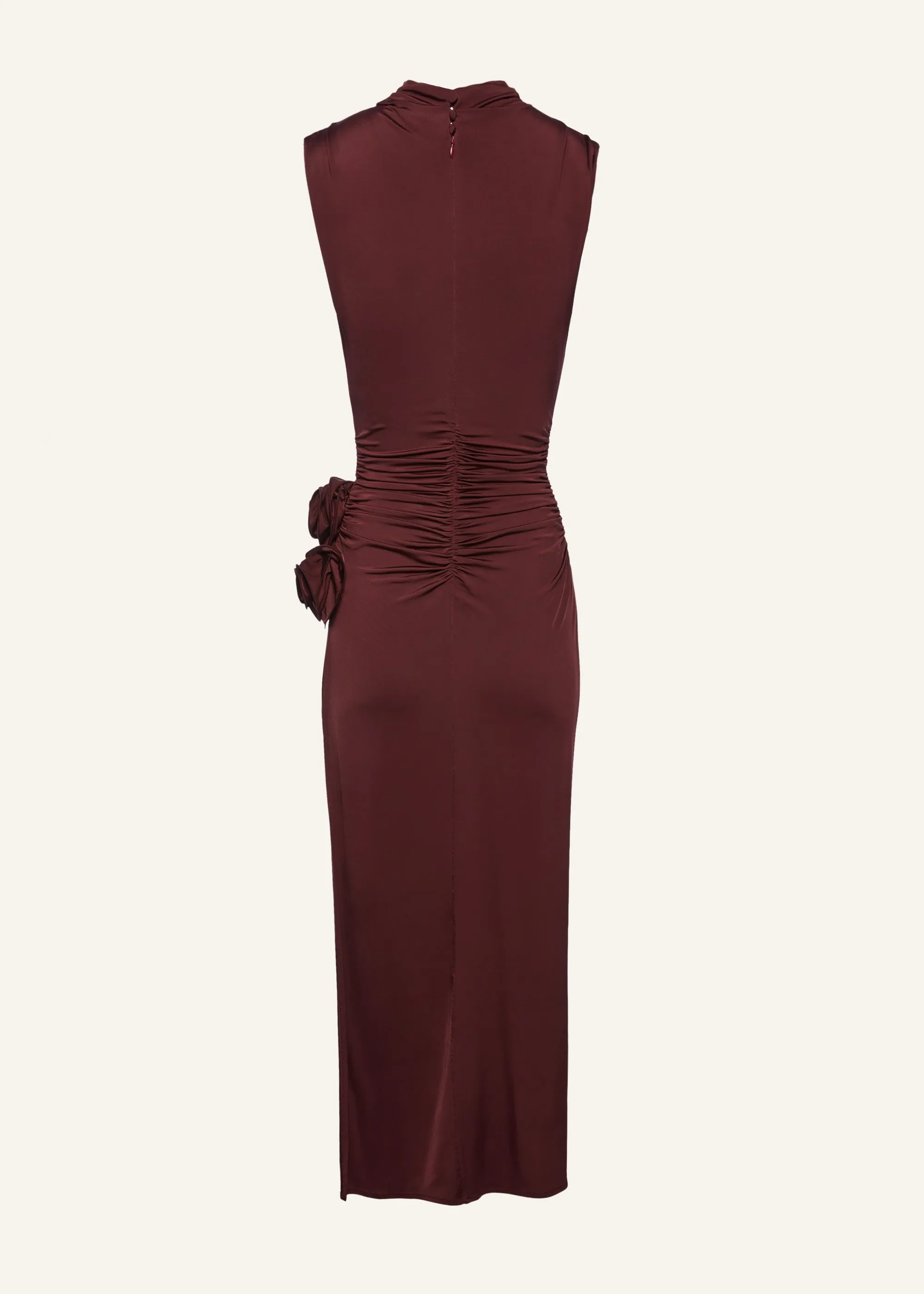 Draped high neck midi dress in burgundy