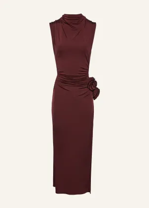 Draped high neck midi dress in burgundy