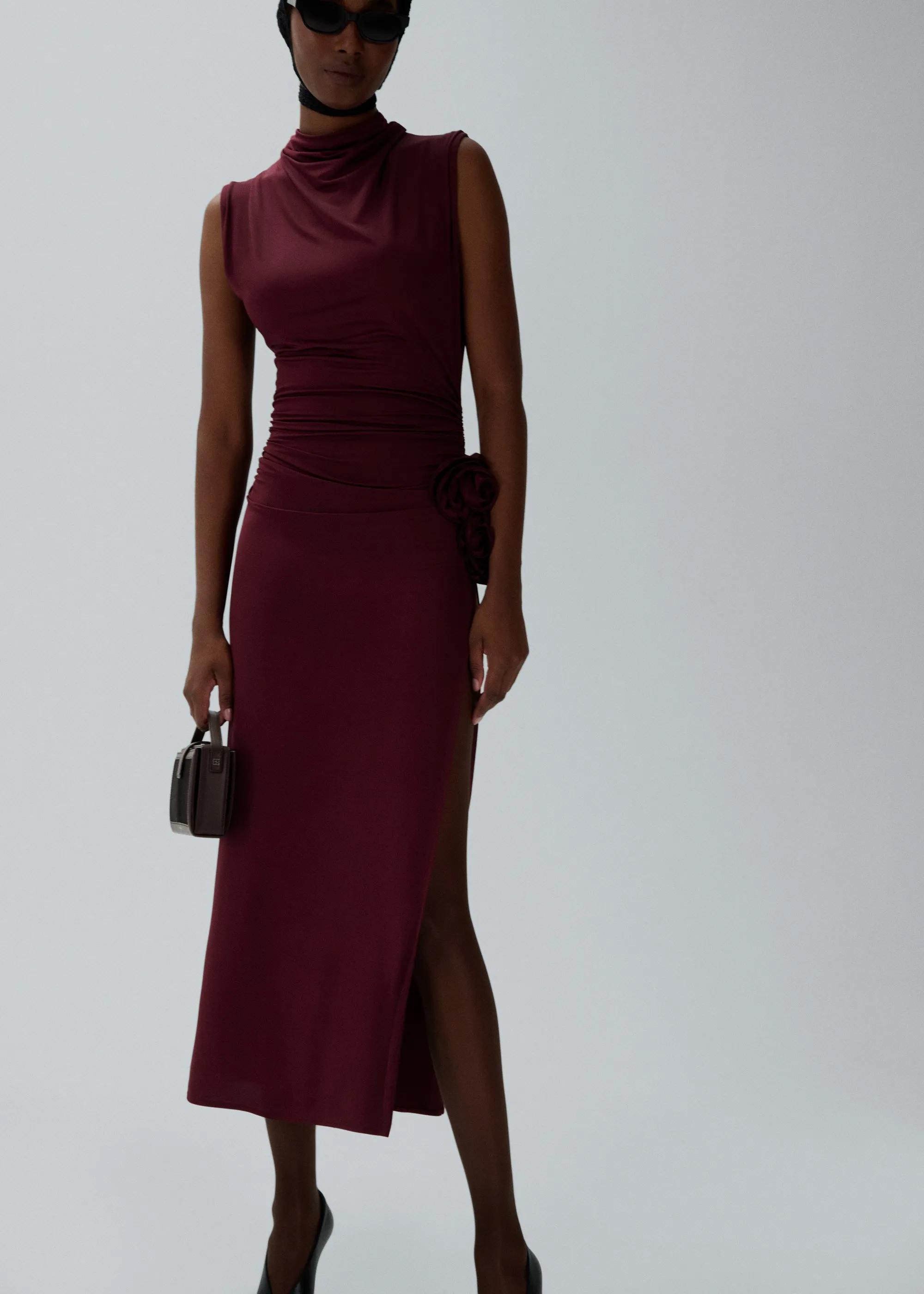 Draped high neck midi dress in burgundy