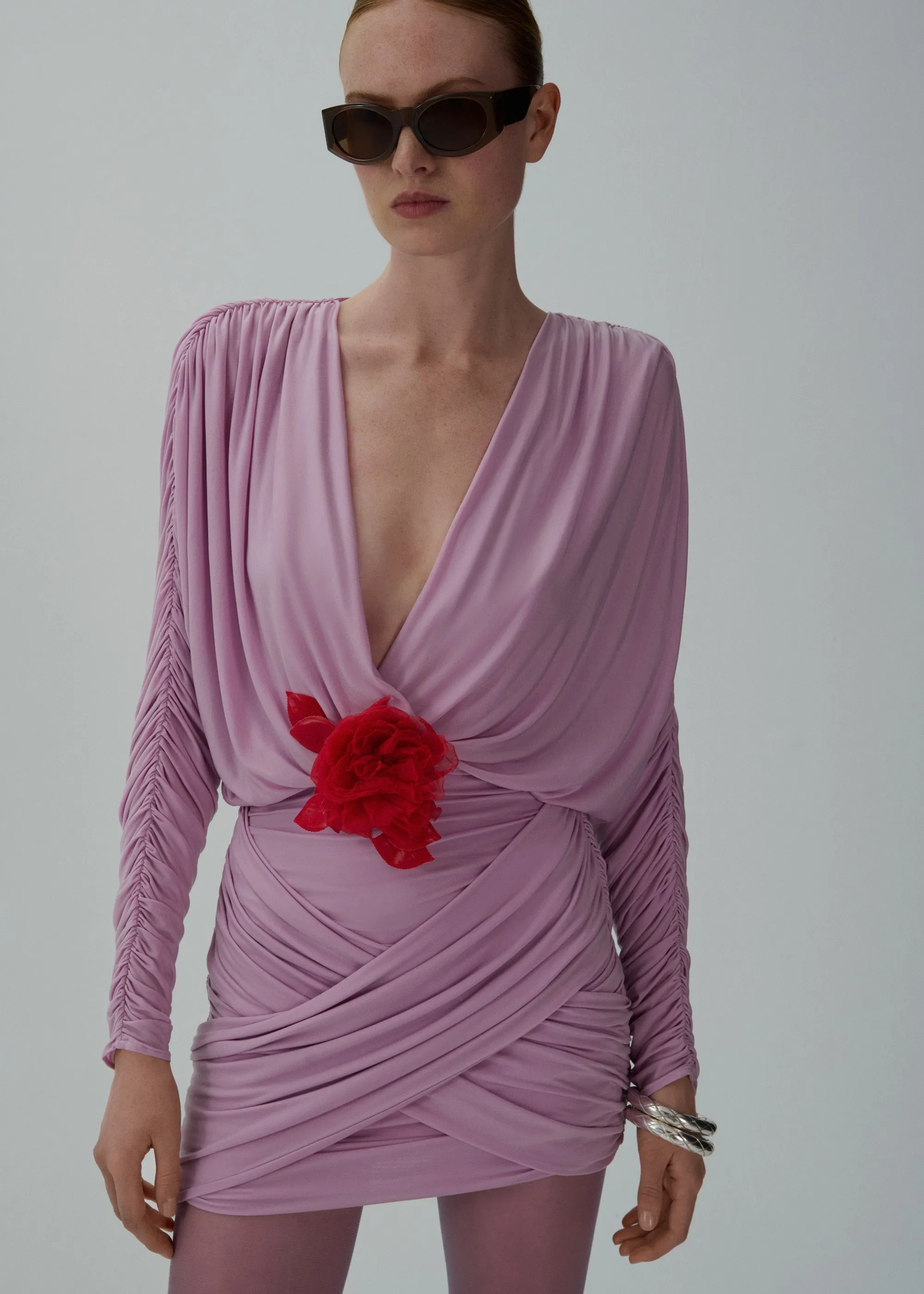 Draped V-neck mini dress in violet