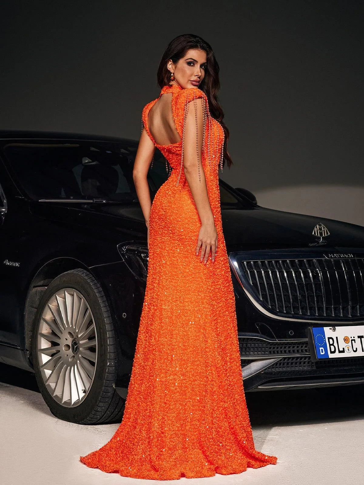 Ekaterina Pearl Fringe Split Maxi Dress