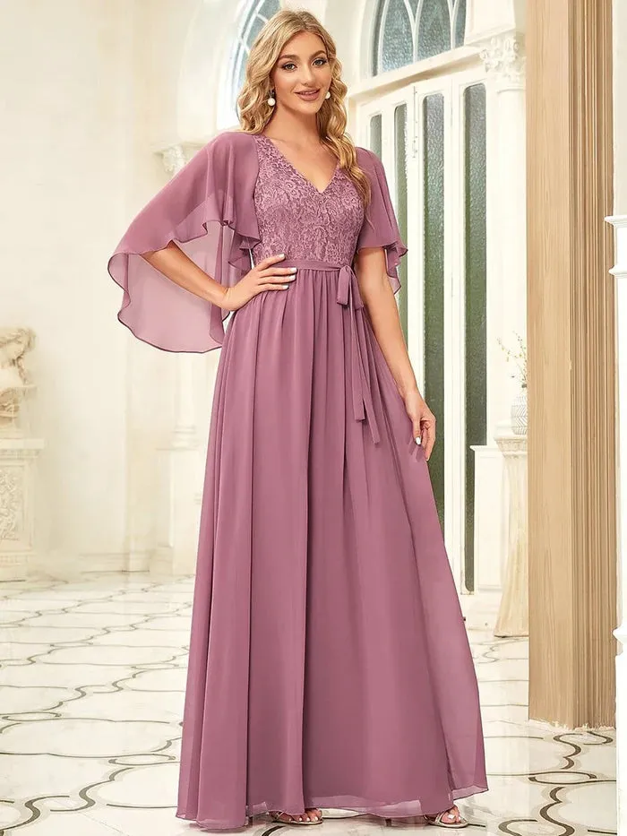 Elegant Deep V Neck Chiffon Maxi Evening Dress