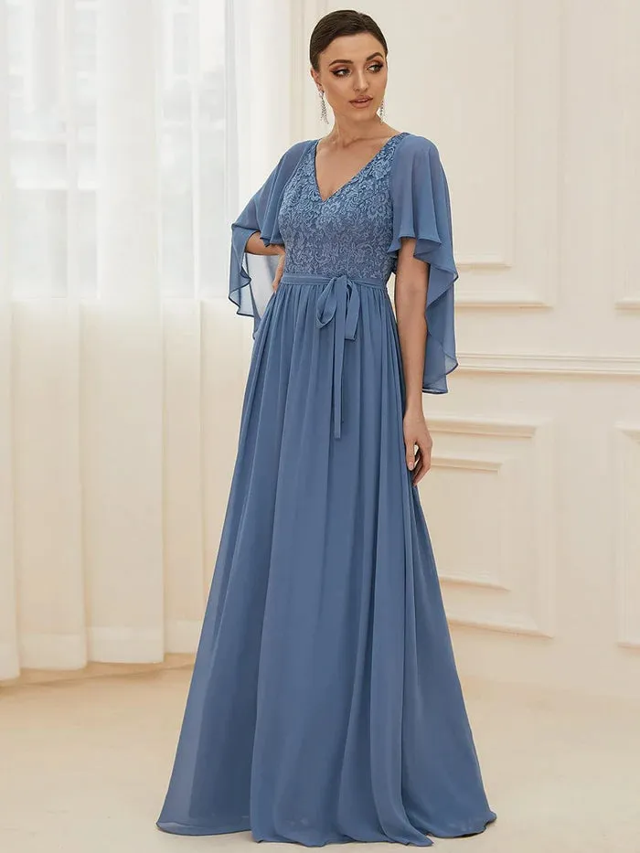 Elegant Deep V Neck Chiffon Maxi Evening Dress