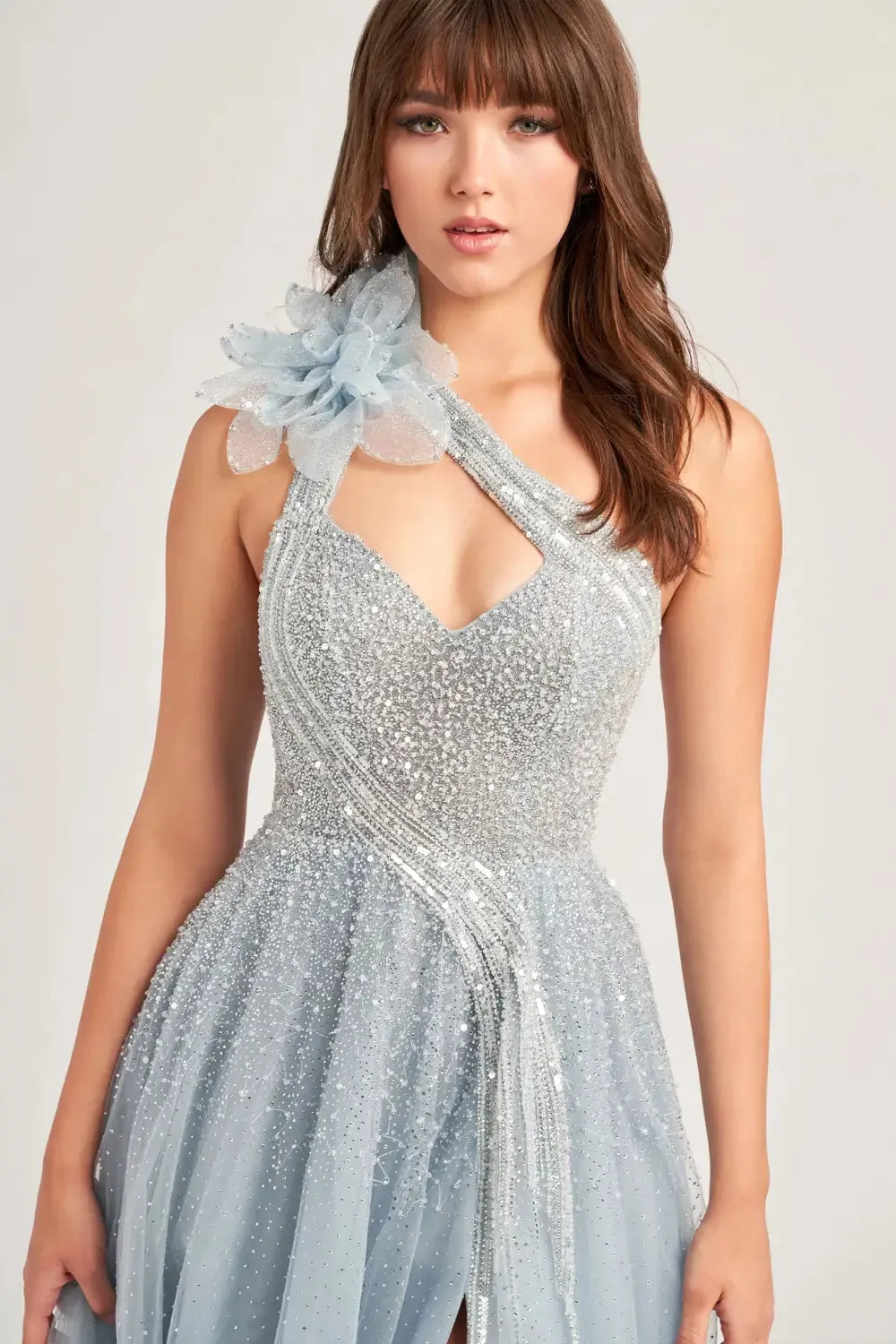 Ellie Wilde EW35086 One Shoulder Beaded Ballgown Formal Dress Maxi Slit Floral Bow Gown