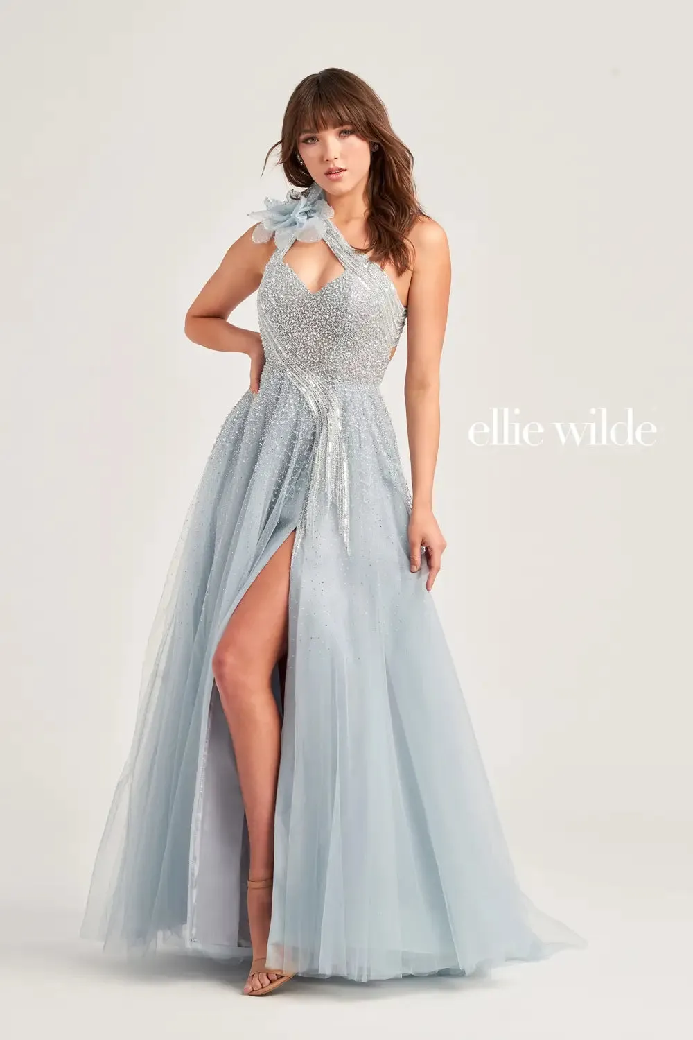 Ellie Wilde EW35086 One Shoulder Beaded Ballgown Formal Dress Maxi Slit Floral Bow Gown