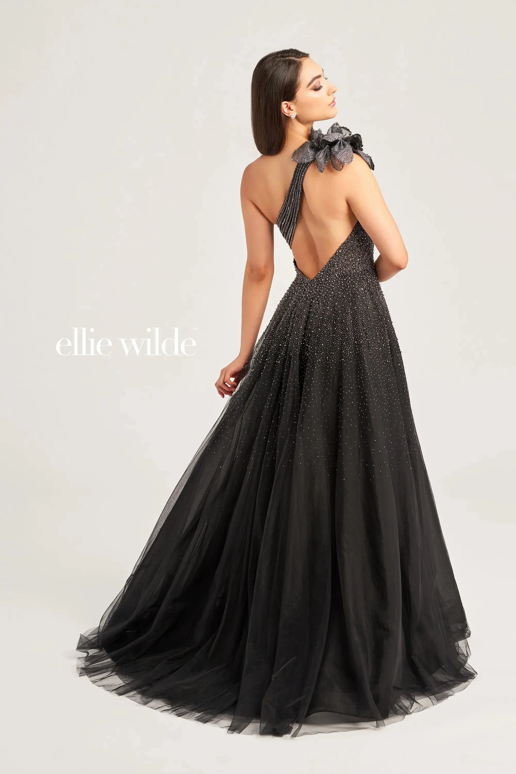 Ellie Wilde EW35086 One Shoulder Beaded Ballgown Formal Dress Maxi Slit Floral Bow Gown