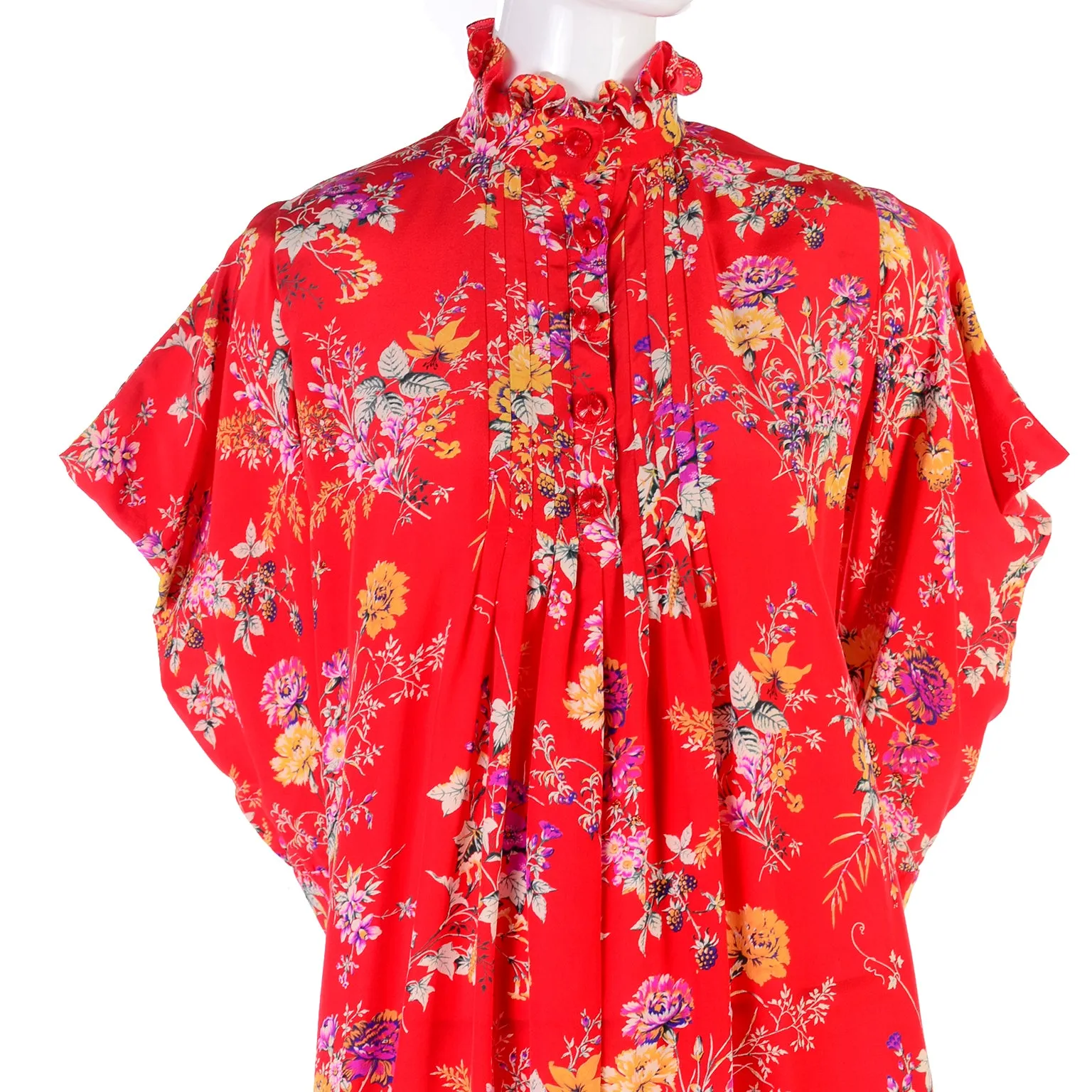 Emanuel Ungaro Parallele Vintage Red Floral High Neck Dress w Dramatic Shoulders