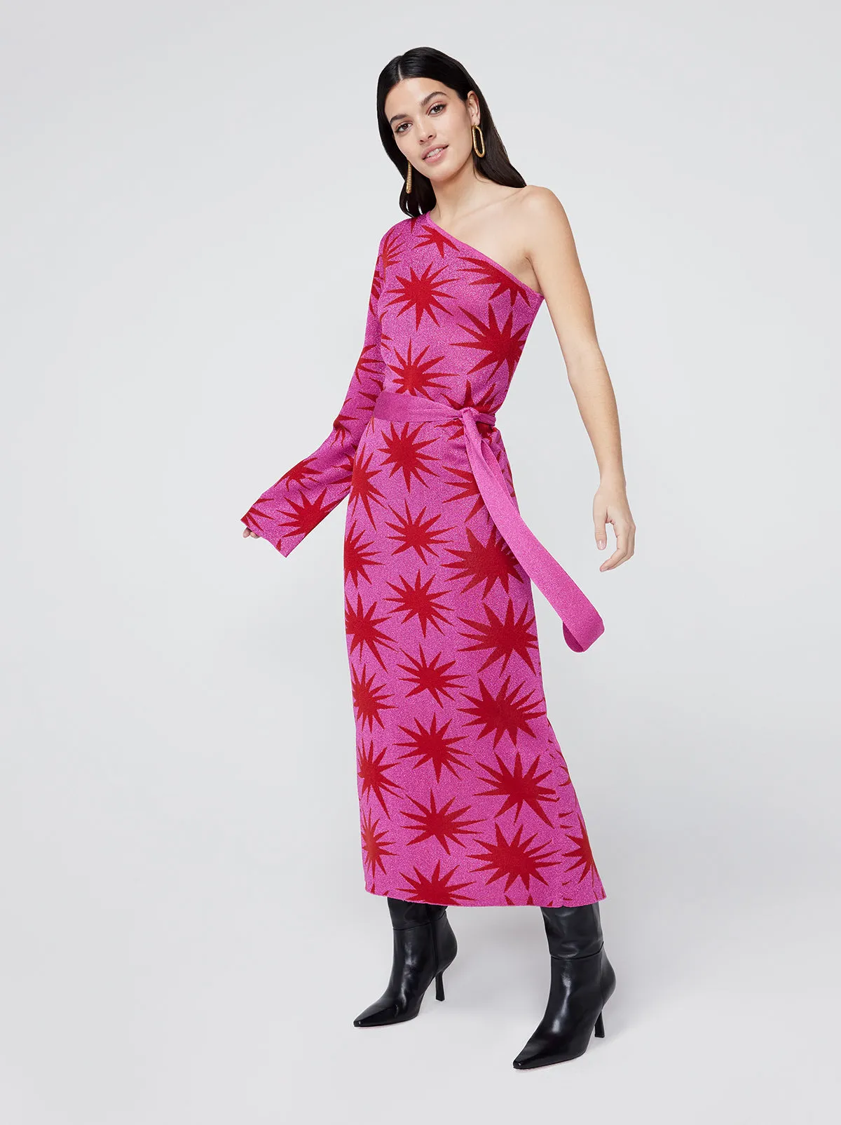 Esme Pink Star Lurex Knit One Shoulder Dress