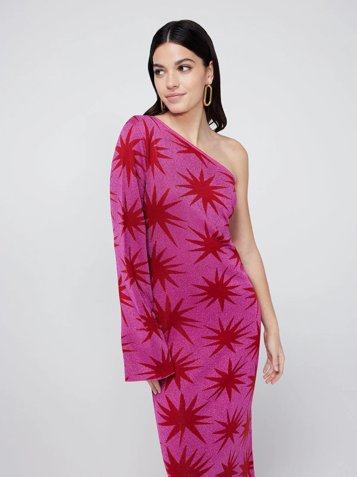 Esme Pink Star Lurex Knit One Shoulder Dress