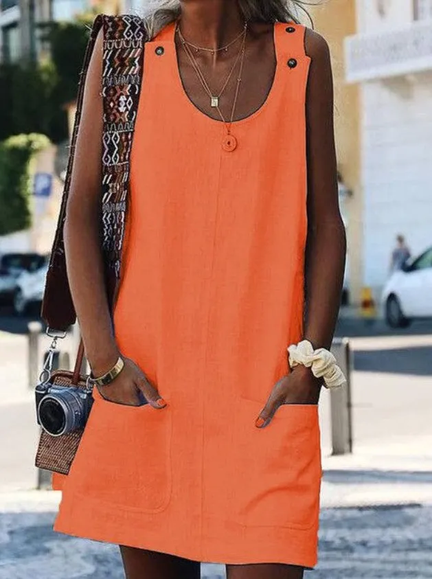 Europe Summer Pocket Button Cotton Blend Strap Dress Pocket Dress