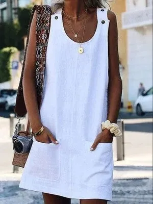 Europe Summer Pocket Button Cotton Blend Strap Dress Pocket Dress