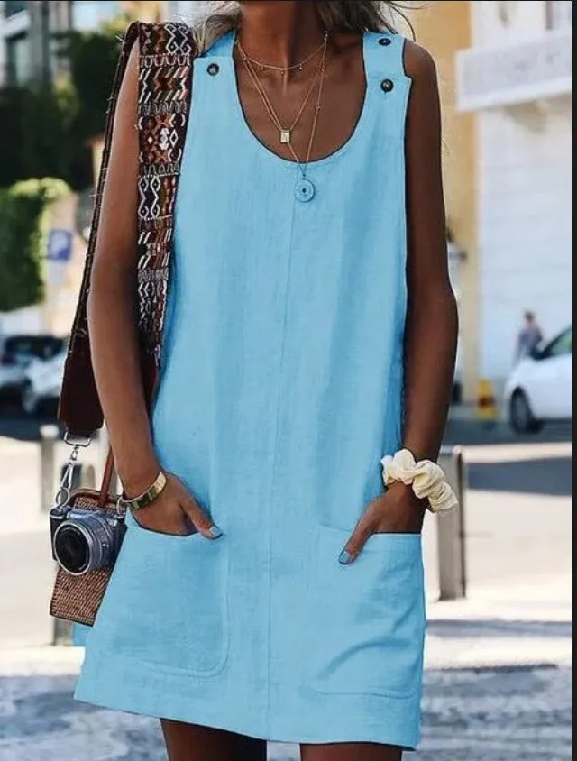 Europe Summer Pocket Button Cotton Blend Strap Dress Pocket Dress