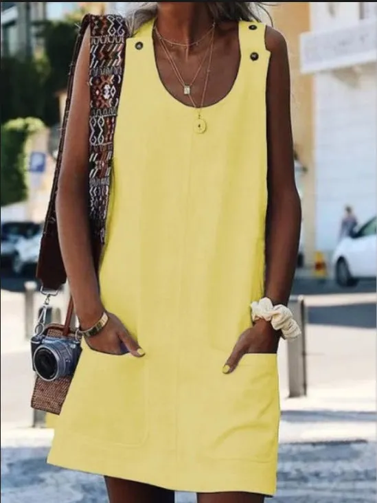 Europe Summer Pocket Button Cotton Blend Strap Dress Pocket Dress