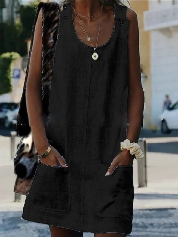 Europe Summer Pocket Button Cotton Blend Strap Dress Pocket Dress