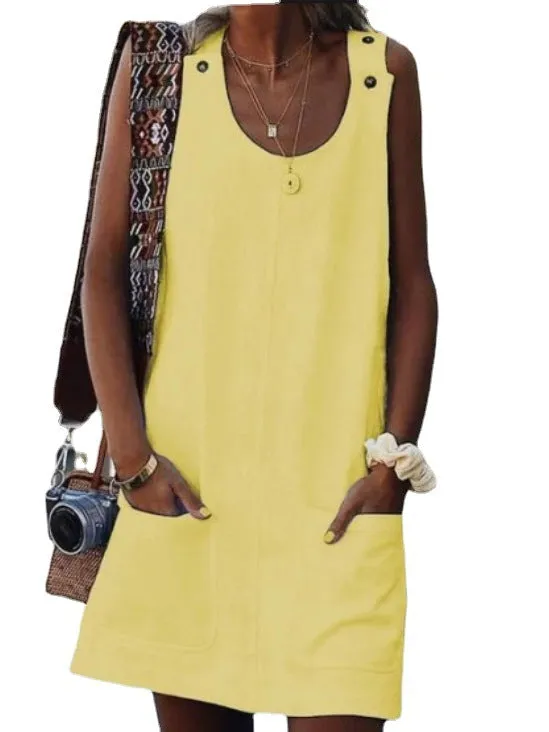 Europe Summer Pocket Button Cotton Blend Strap Dress Pocket Dress
