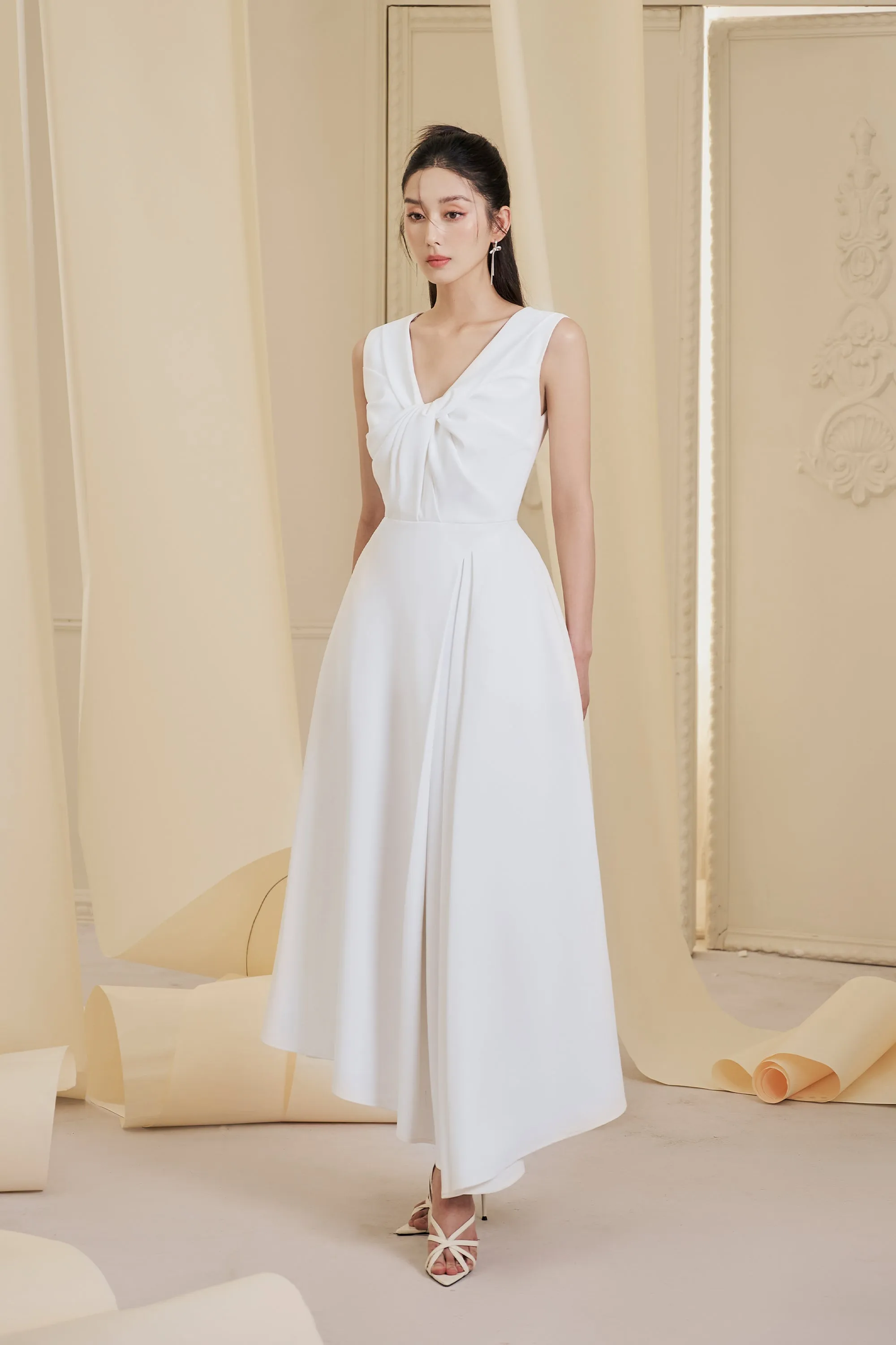 Evara Asymmetric Twisted Cotton Spandex Ankle Length Dress