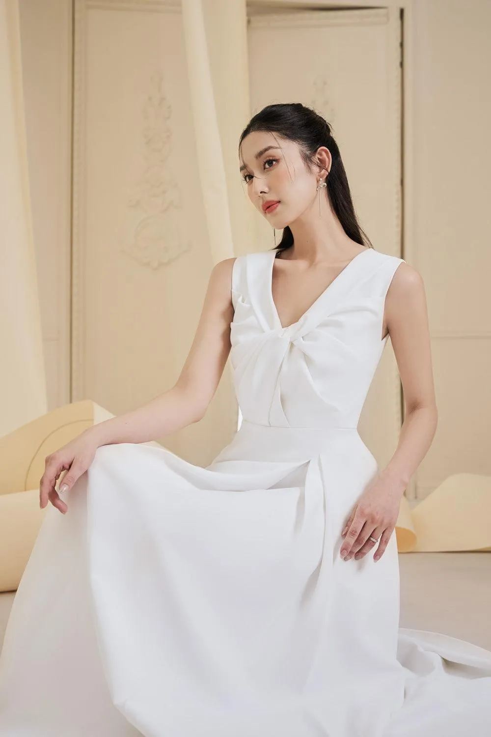 Evara Asymmetric Twisted Cotton Spandex Ankle Length Dress