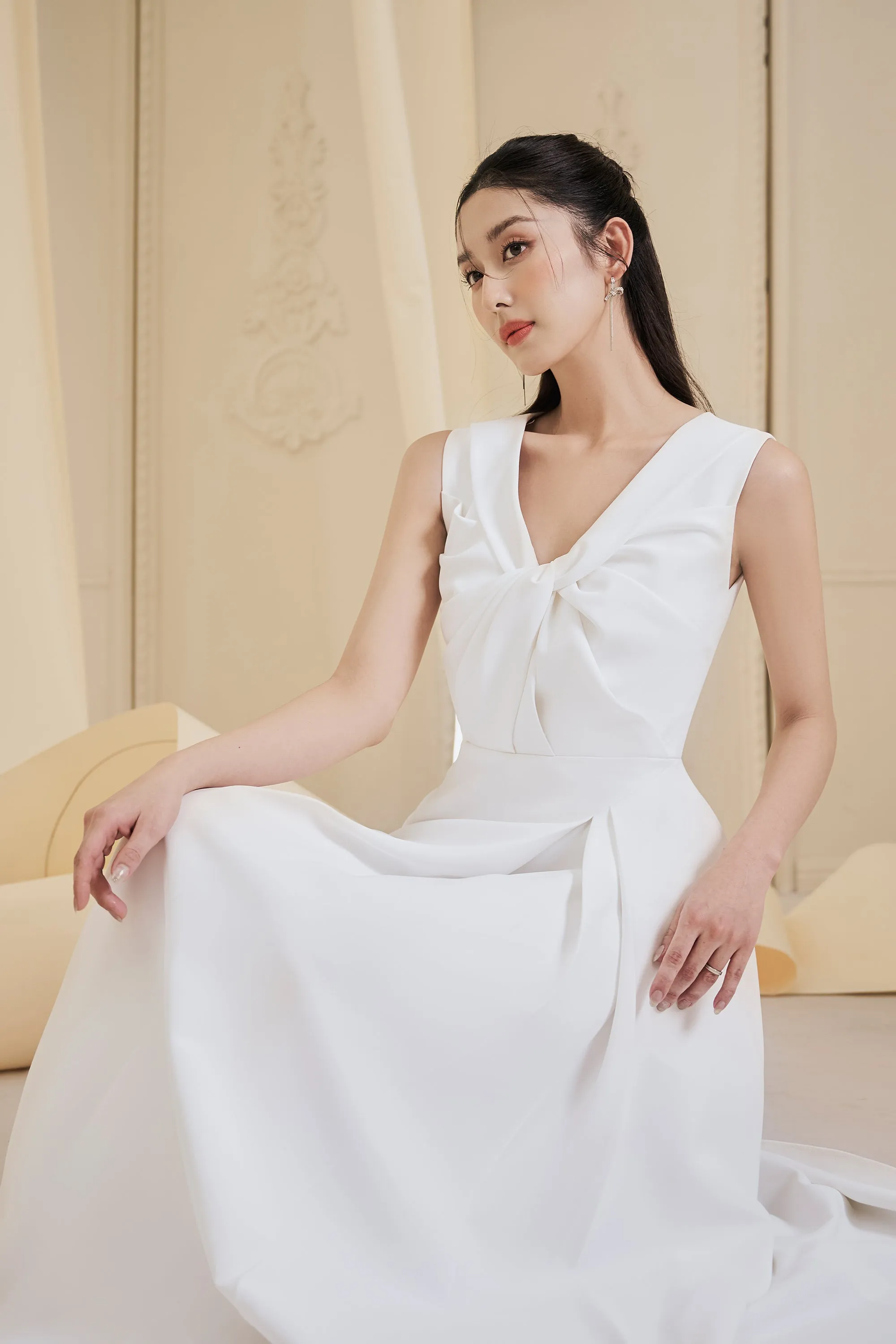 Evara Asymmetric Twisted Cotton Spandex Ankle Length Dress