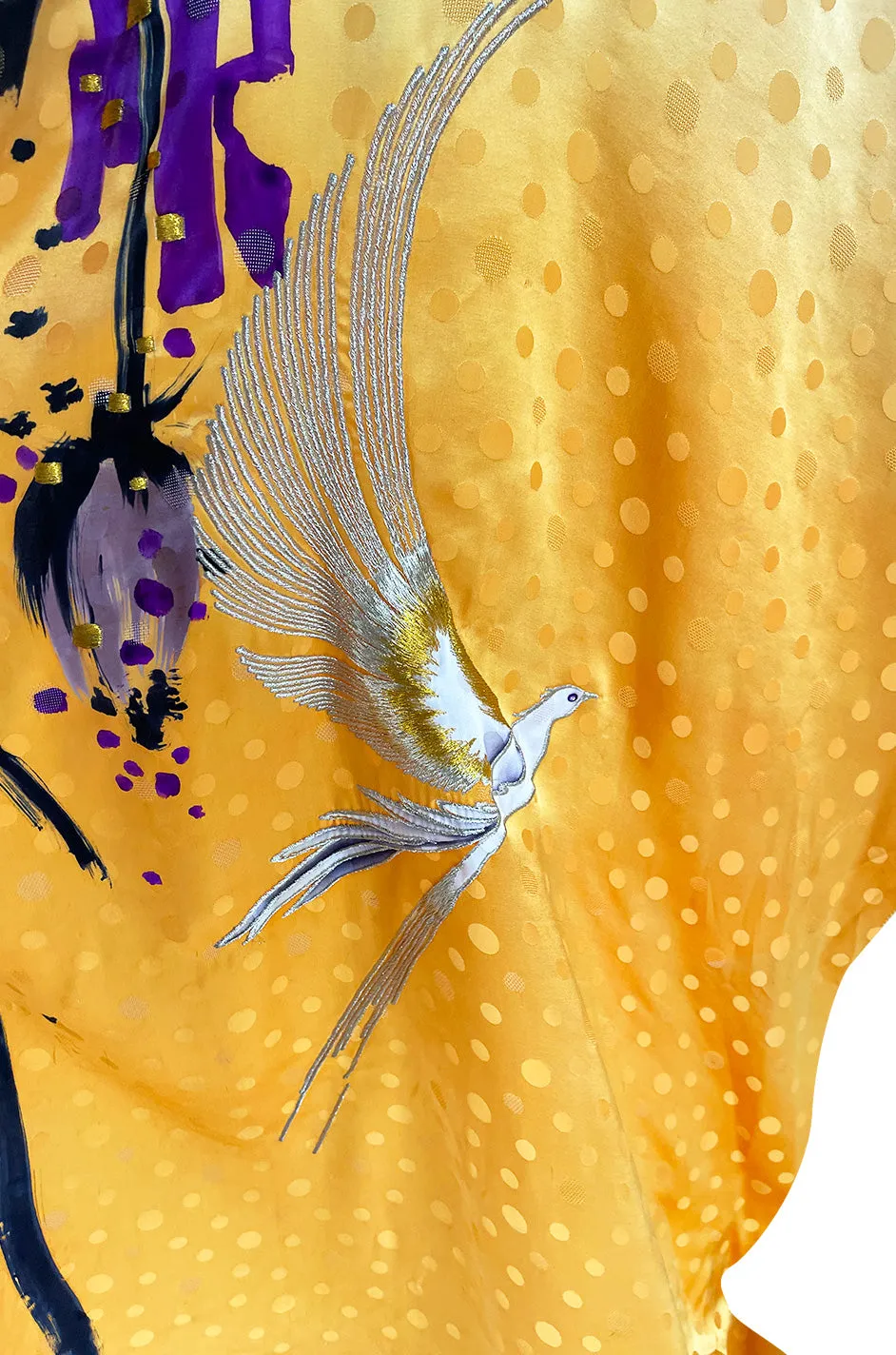 Extraordinary 1970s Holly's Harp Hand Painted Silk Multi-Wear Dress w Metallic Accents & Applique