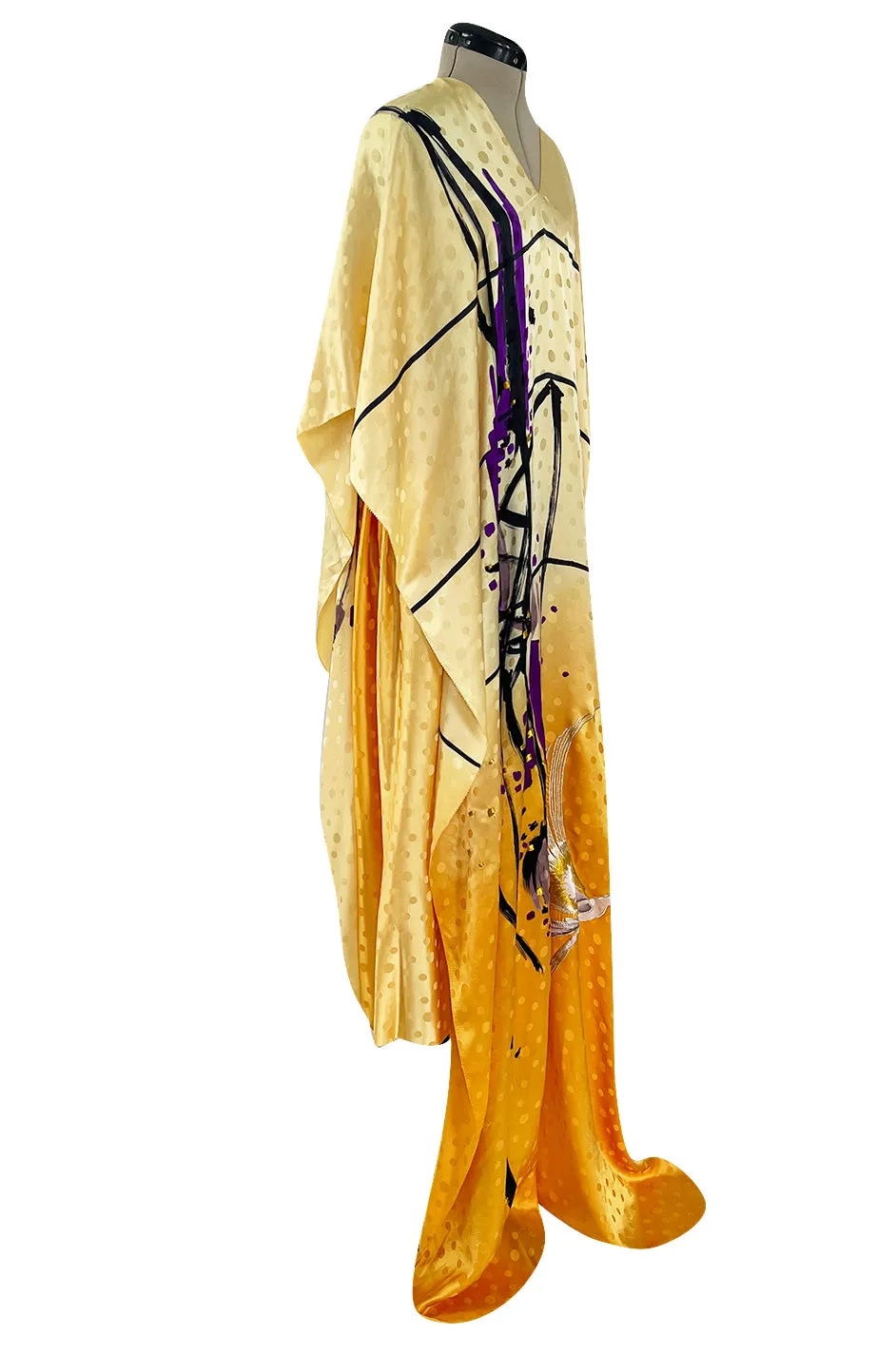 Extraordinary 1970s Holly's Harp Hand Painted Silk Multi-Wear Dress w Metallic Accents & Applique