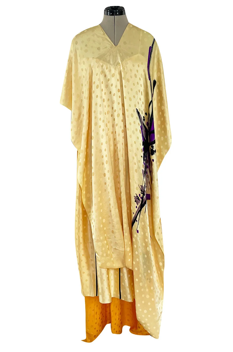 Extraordinary 1970s Holly's Harp Hand Painted Silk Multi-Wear Dress w Metallic Accents & Applique