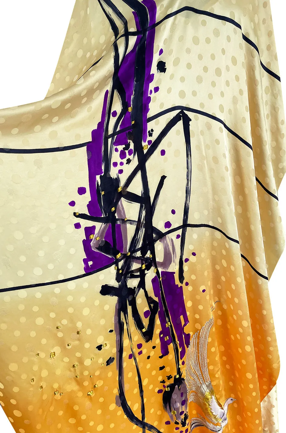 Extraordinary 1970s Holly's Harp Hand Painted Silk Multi-Wear Dress w Metallic Accents & Applique