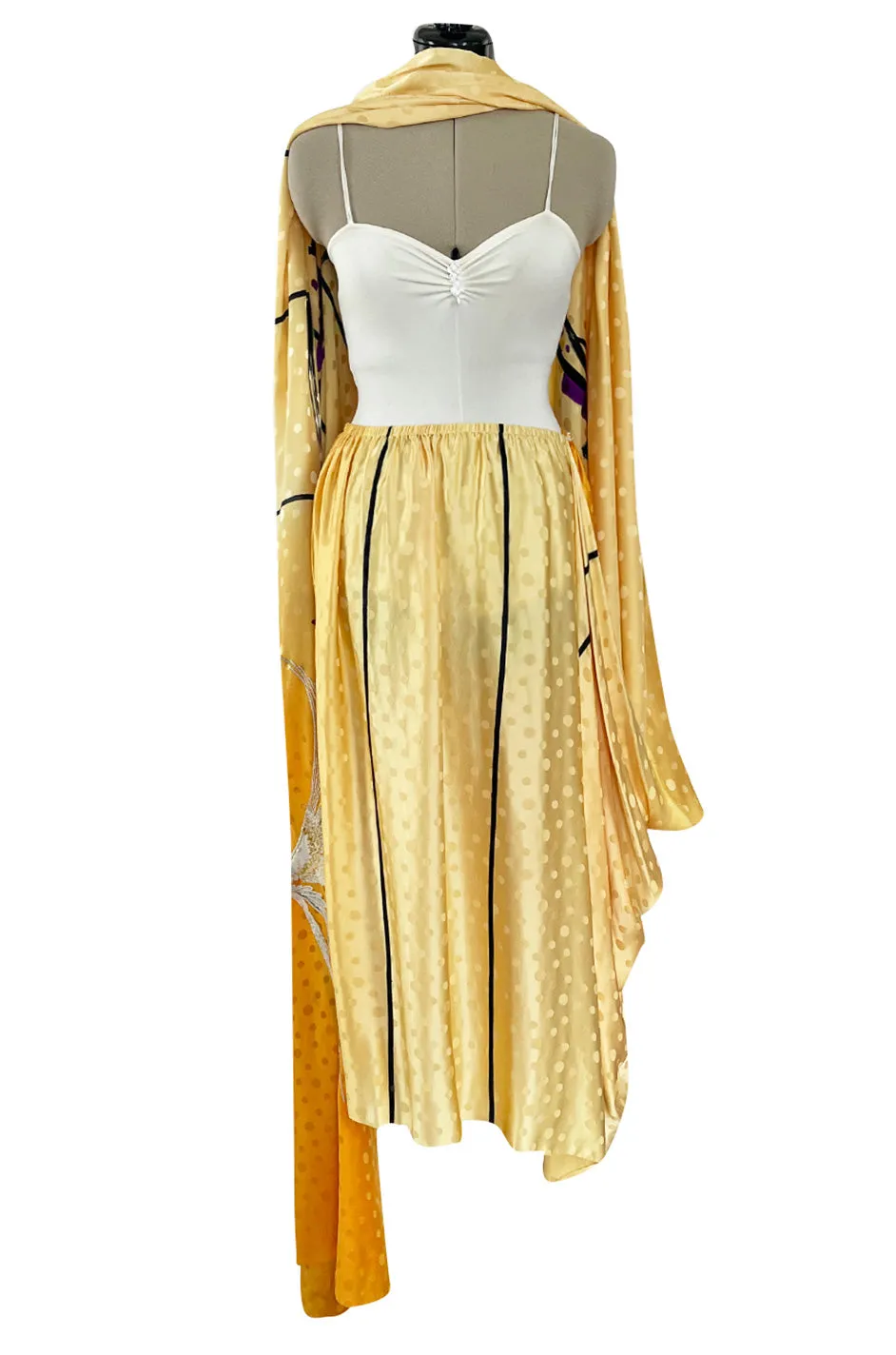 Extraordinary 1970s Holly's Harp Hand Painted Silk Multi-Wear Dress w Metallic Accents & Applique