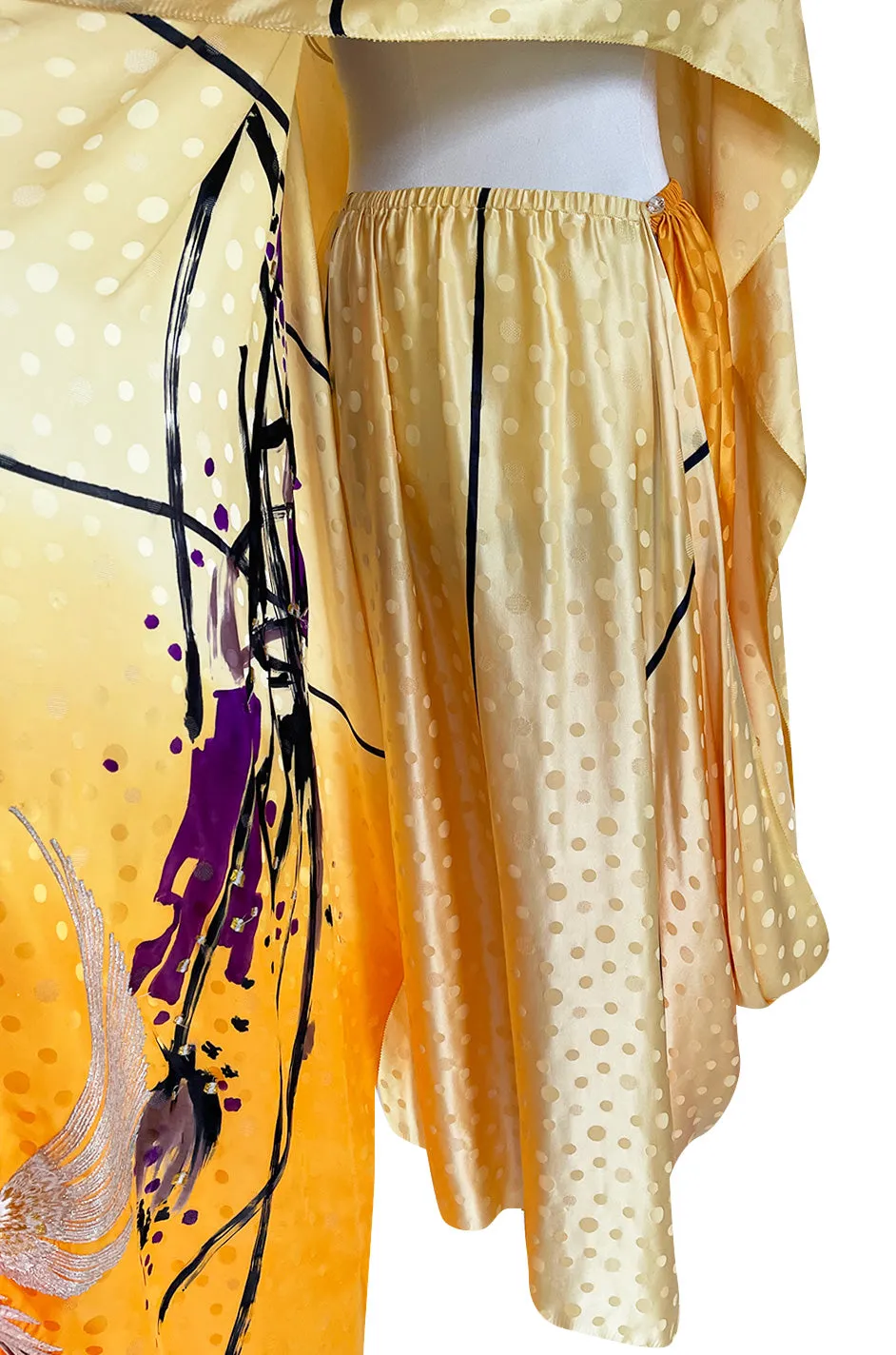 Extraordinary 1970s Holly's Harp Hand Painted Silk Multi-Wear Dress w Metallic Accents & Applique