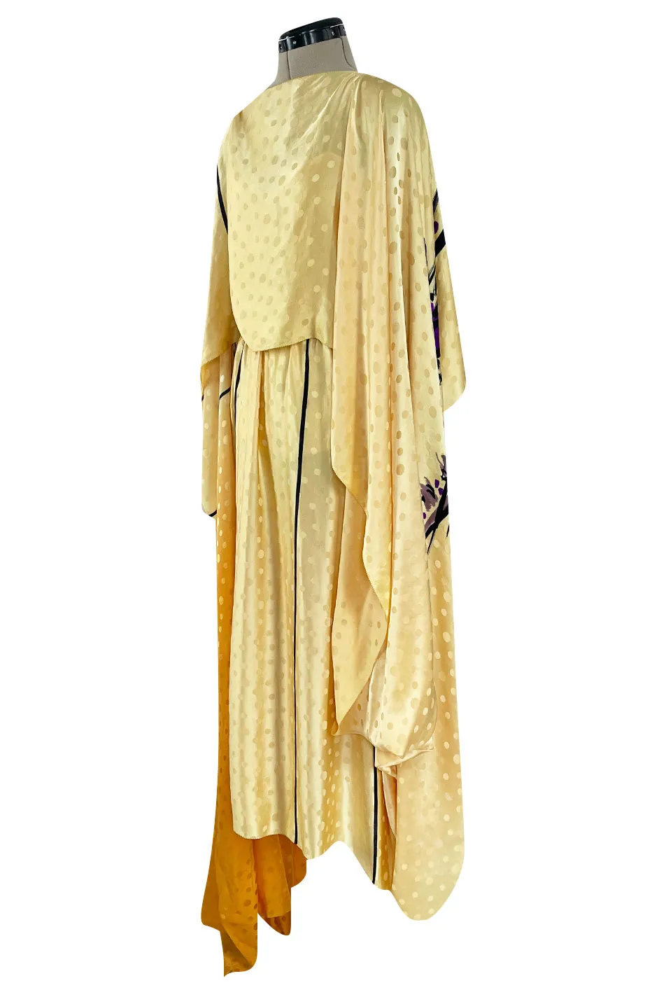 Extraordinary 1970s Holly's Harp Hand Painted Silk Multi-Wear Dress w Metallic Accents & Applique