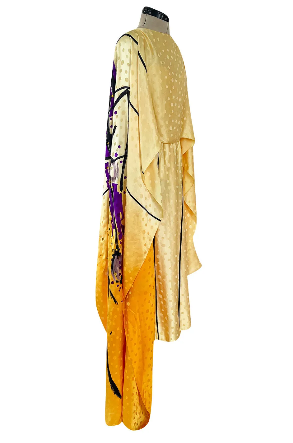 Extraordinary 1970s Holly's Harp Hand Painted Silk Multi-Wear Dress w Metallic Accents & Applique